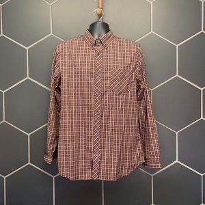 -Used! Mens Ben Sherman Brown Navy Checkered Blend Long Sleeve Button Up Size L